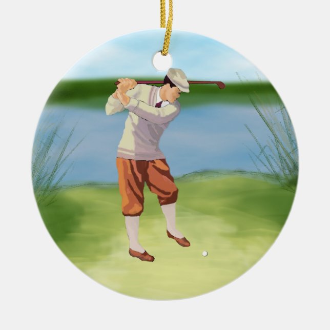 Vintagegolfare vid flodstranden julgransprydnad keramik (Framsidan)