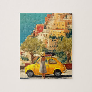 Vintagegul bil vid Amalfikusten, Positano Pussel