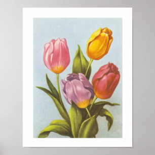 Vintagegult, rosor och purpurfärgade tulpan poster