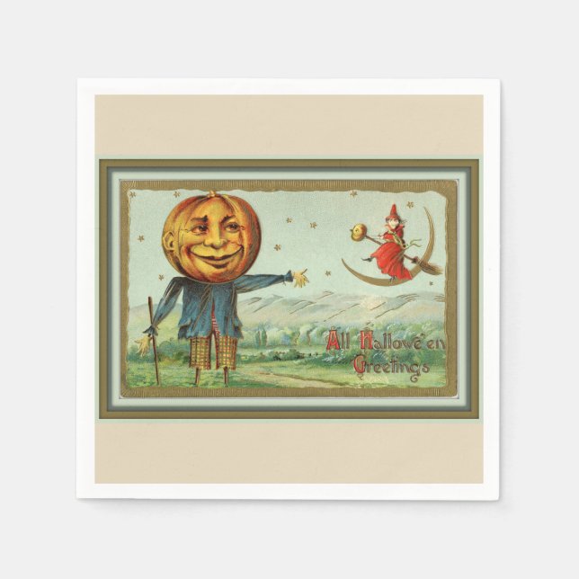 VintageHalloween fågelskrämma och häxa Pappersservett (Framsidan)
