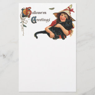 VintageHalloween hälsningar, barnhäxa med katten Brevpapper