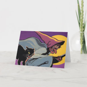 VintageHalloween häxa med den svart katten Kort