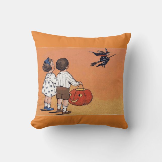 VintageHalloween häxa och barndekorativ kudde (Framsida)