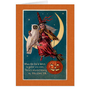 VintageHalloween häxa och uggla Hälsningskort