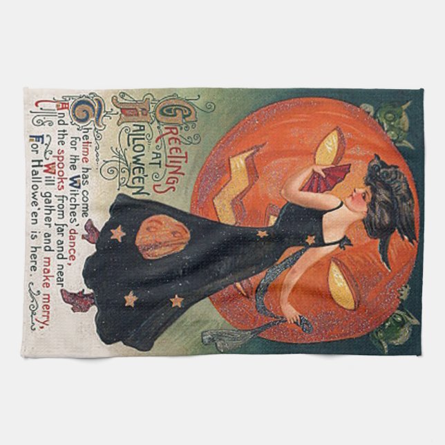 VintageHalloween häxa & pumpor Kökshandduk (Horisontell)