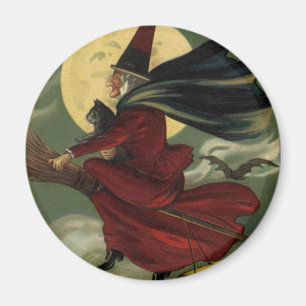 VintageHalloween häxa som rider en kvast med Magnet