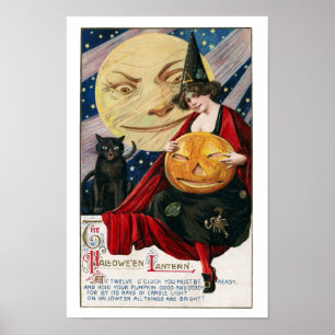 VintageHalloween nätt häxa och jack O'Lantern Poster