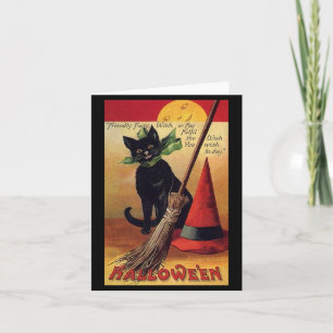 VintageHalloween svart katt, häxa kvast och hatt Kort
