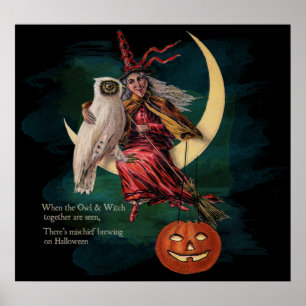 VintageHalloween uggla och häxaaffisch Poster