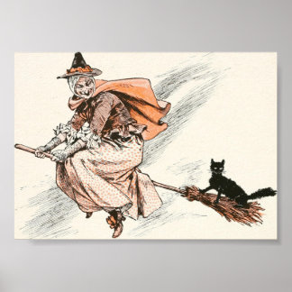 Vintagehäxa med kvast och kattplanschen poster