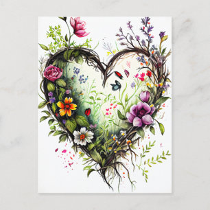 Vintagehjärta och akvarellblommor kärlekskort vykort