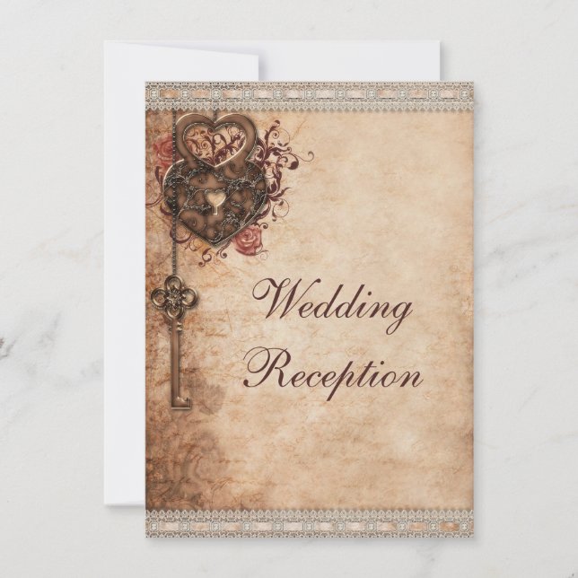 Vintagehjärtan Lås och Nyckel Bröllopsfest Inbjudningar (Framsida)
