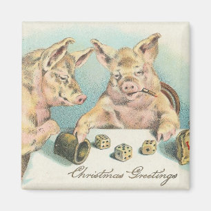 VintageHogs som leker tärningjulhälsning Magnet
