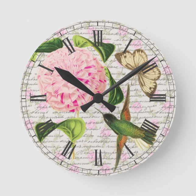 VintageHummingbirdfjäril och Caryophyllus Rund Klocka (Framsida)