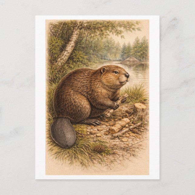 Vintageillustration av bäver vykort (Framsida)