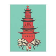 Vintageillustration av en kinesisk Pagodavykort