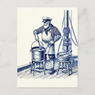 Vintageillustration av en sjöman som lagar fiskbul vykort