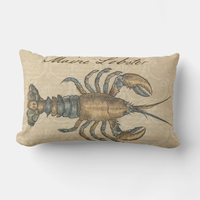 Vintageillustration av hummer: Coastal Damask  Lumbarkudde (Framsida)