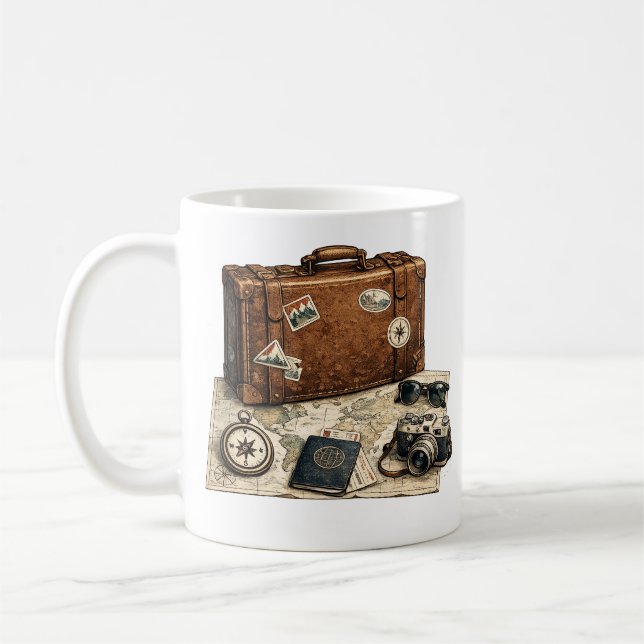 Vintageillustration av resesaker kaffemugg (Vänster)