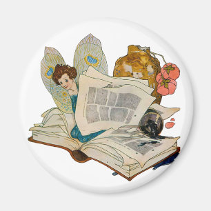 Vintageillustration av sagoälva som älskar böcker magnet