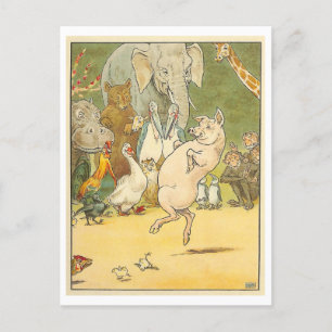 Vintageillustration Dansande Gris / Djur Vykort