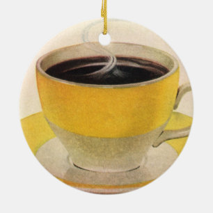 Vintageillustration Kaffe i en gul kopp Julgransprydnad Keramik