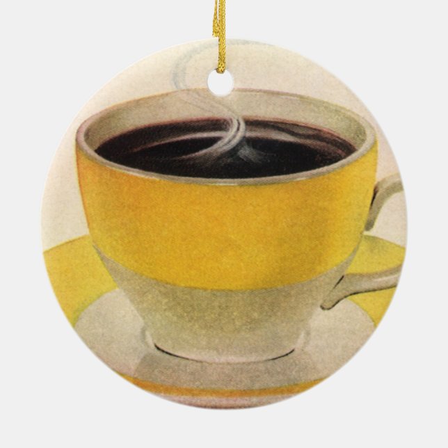 Vintageillustration Kaffe i en gul kopp Julgransprydnad Keramik (Baksidan)