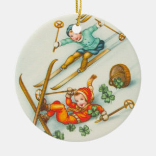 Vintageillustration som skidar flickor julgransprydnad keramik