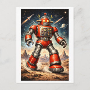 Vintageinspirerad 1950-tals Sci-Fi röd rymdrobot Vykort