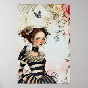 Vintageinspirerad goth tjej akvarell rosor  Korp Poster