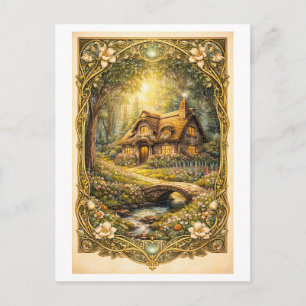 Vintageinspirerad illustration av engelsk stuga vykort