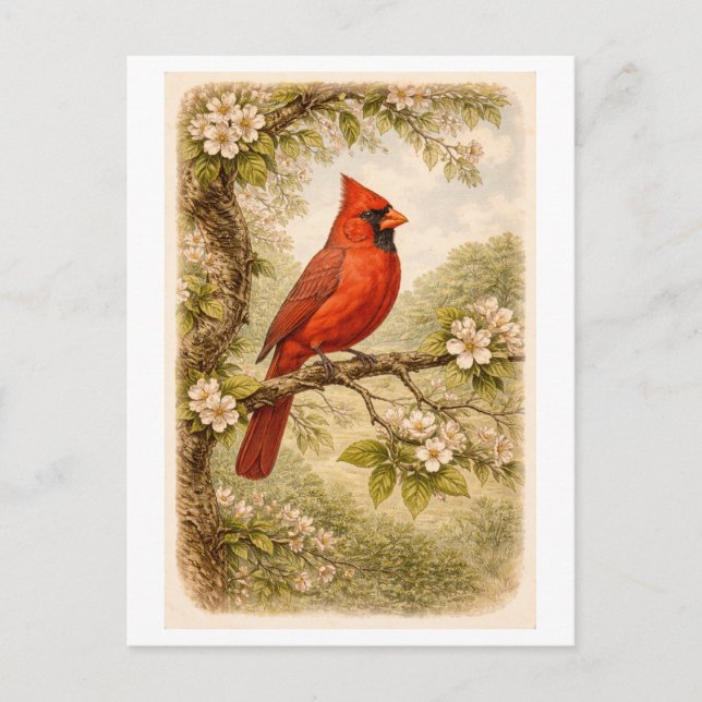 Vintageinspirerad illustration av han kardinal vykort (Framsida)
