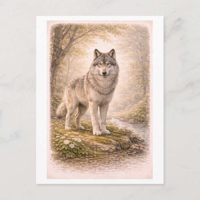 Vintageinspirerad illustration av varg vykort (Framsida)