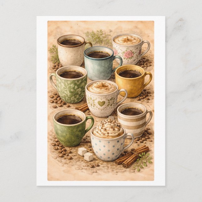 Vintageinspirerad kollaage av kaffemuggar vykort (Framsida)