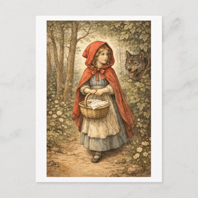 Vintageinspirerad lilla rödluvan vykort (Framsida)