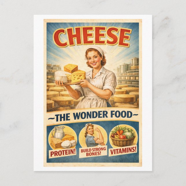 Vintageinspirerad ostreklam från 1950-talet vykort (Framsida)