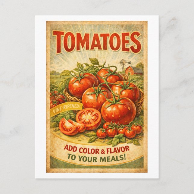 Vintageinspirerad tomatreklam vykort (Framsida)