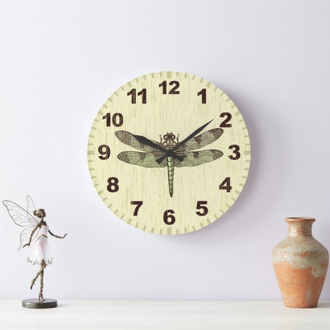 Vintageinspirerad Trollsländekonst Väggtimme Stor Klocka (Dragonfly wall clock for a stylish home.)