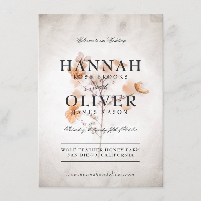 Vintageinspirerade pressade blommor | Bröllopsmeny Meny (Framsida)