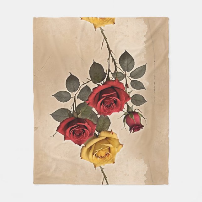 Vintageinspirerade röda och gula rosor fleecefilt (Framsidan)