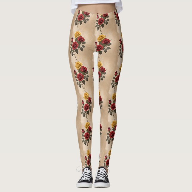 Vintageinspirerade röda och gula rosor leggings (Framsida)