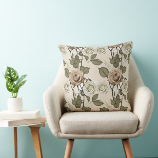 Vintageinspirerade sepia rosor med gröna blad kudde