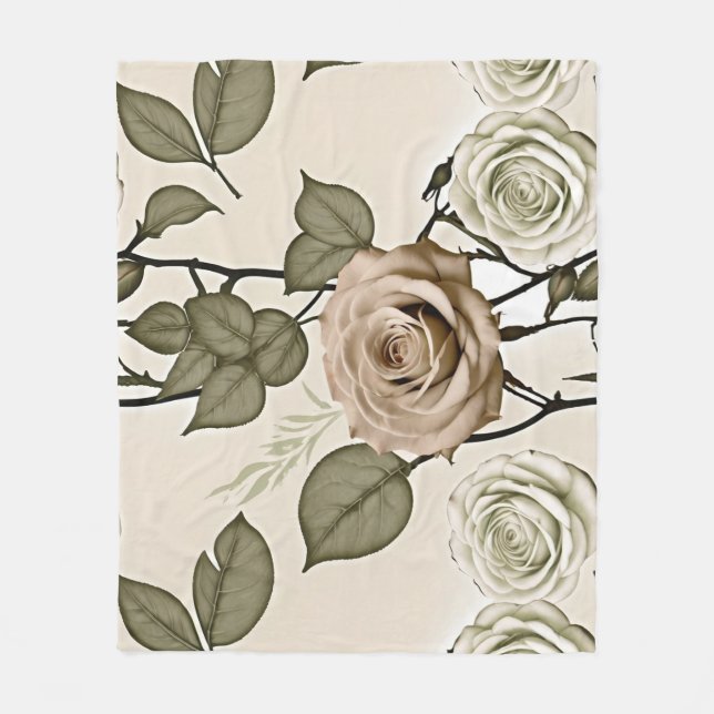 Vintageinspirerade sepiarosor med gröna blad fleecefilt (Framsidan)