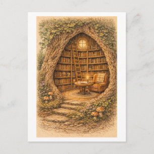 Vintageinspirerat bibliotek i ihålig träd vykort