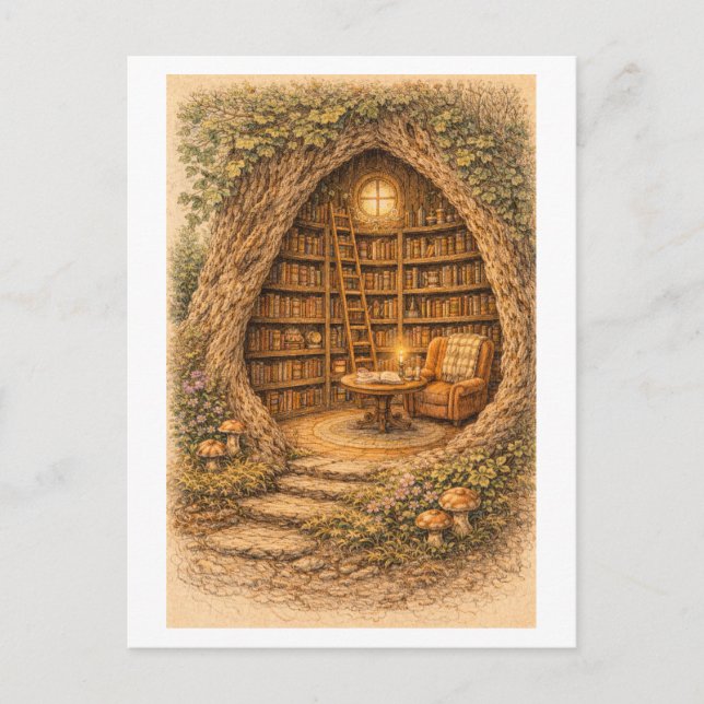 Vintageinspirerat bibliotek i ihålig träd vykort (Framsida)