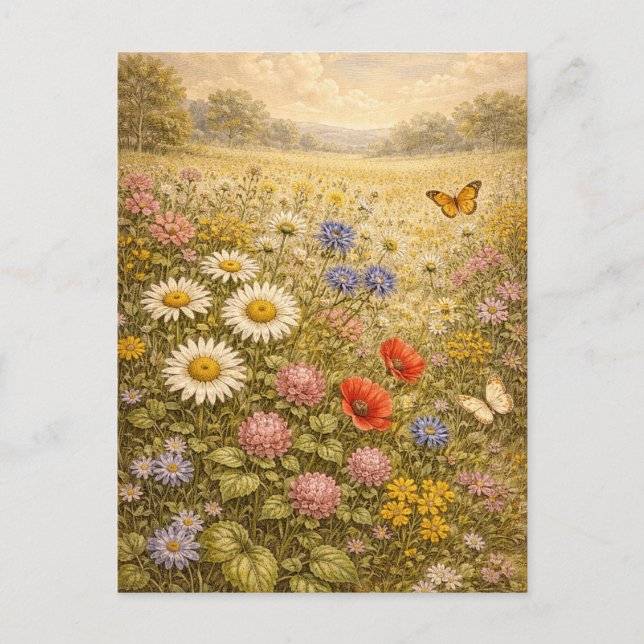 Vintageinspirerat fält med vilda blommor vykort (Framsida)