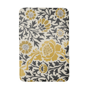 Vintageinspirerat gult och svart blommönster badrumsmatta