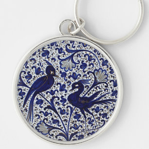 VintageItalienare-Stil Blått-Guld love birds Rund Silverfärgad Nyckelring