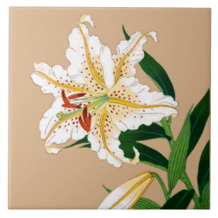 Vintagejapan Liliy. Vit, grönt och beige Kakelplatta