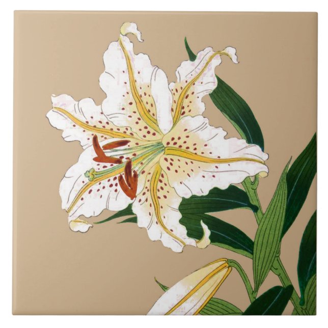 Vintagejapan Liliy. Vit, grönt och beige Kakelplatta (Framsidan)